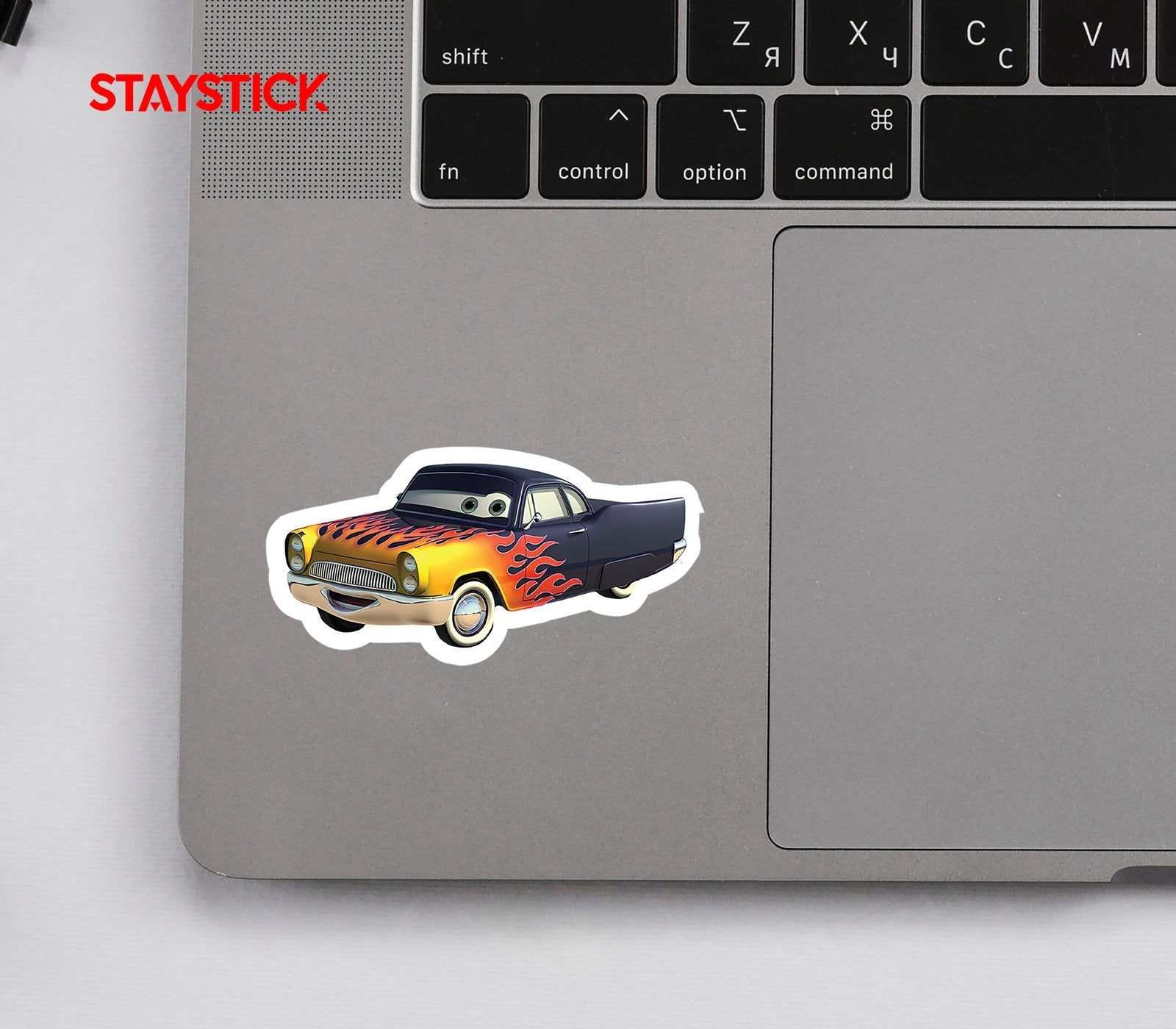 Cartoon Car with Flames Sticker Premium Vinyl Sticker
