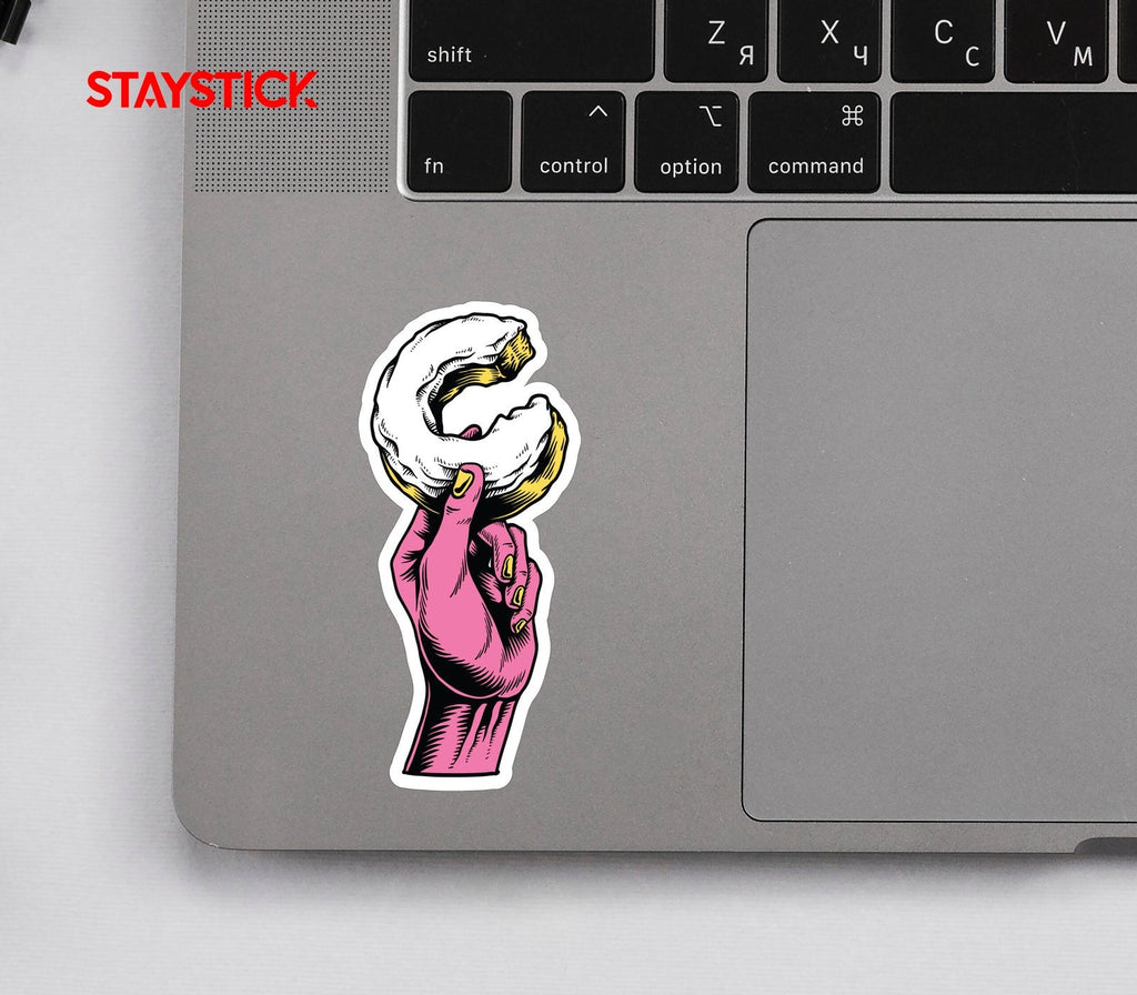 Pink Hand Holding Donut Sticker Premium Vinyl Sticker