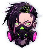 Stylized character with a gas mask featuring pink and green accents on a white background