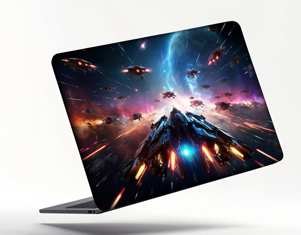 Laptop with a space-themed design on a white background